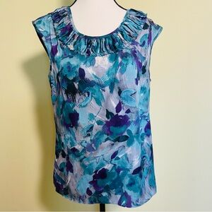 AK Anne Klein Women's Blue and Purple watercolor Sleeveless Satin Top Blouse M